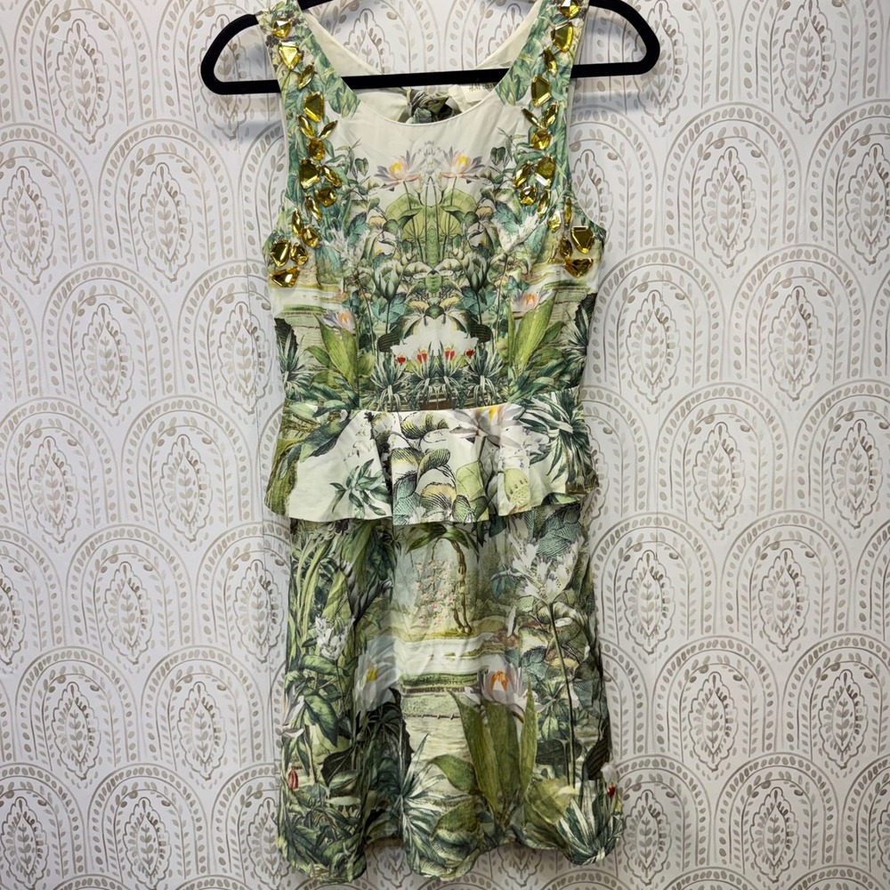 H&M Conscious Collection Peplum Dress Womens 6 Green Tropical Jewel Open Back
